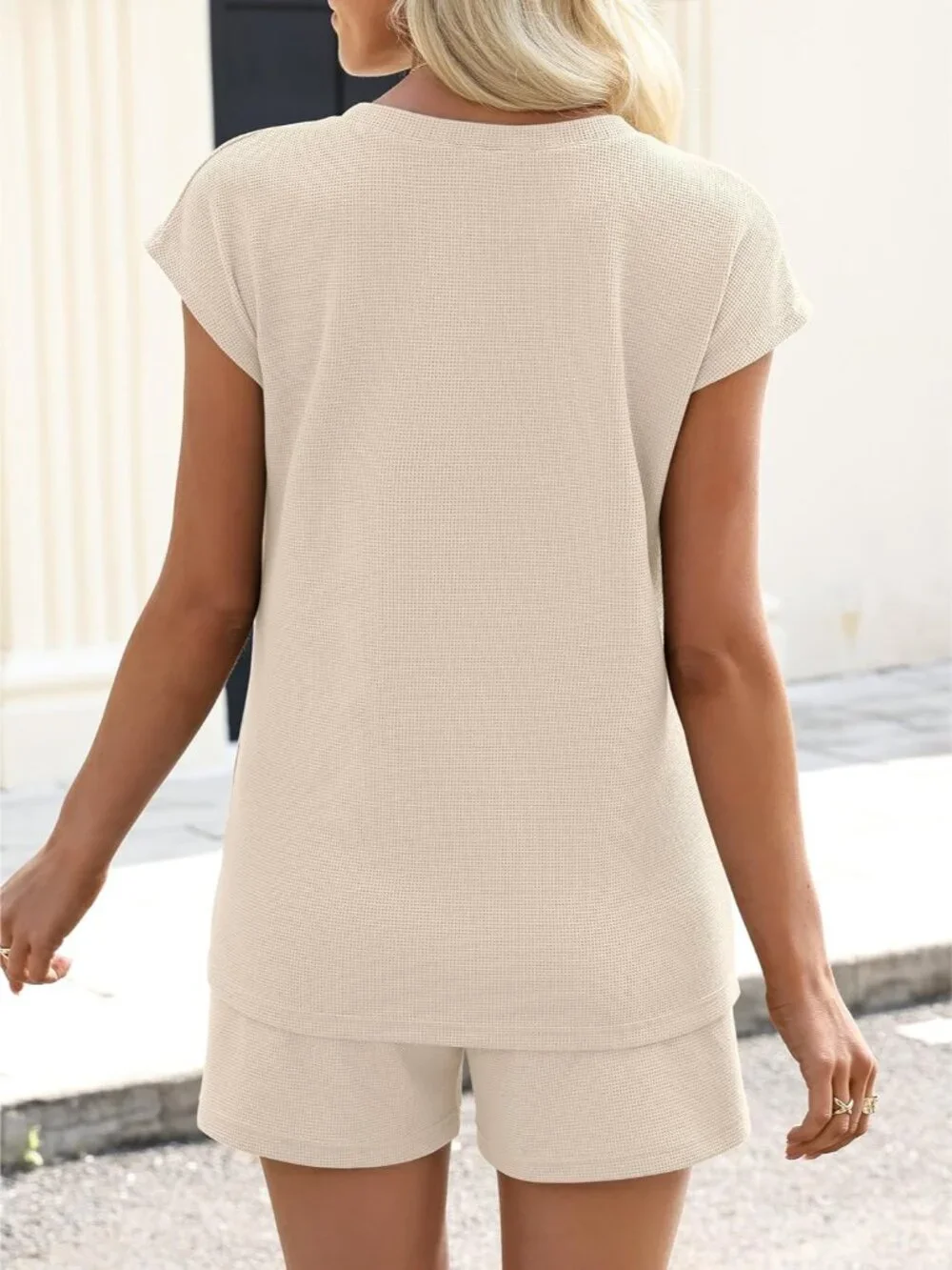 Womens 2 Piece Shorts Sets，Waffle Knit Loose Matching Lounge Outfits，Casual Summ